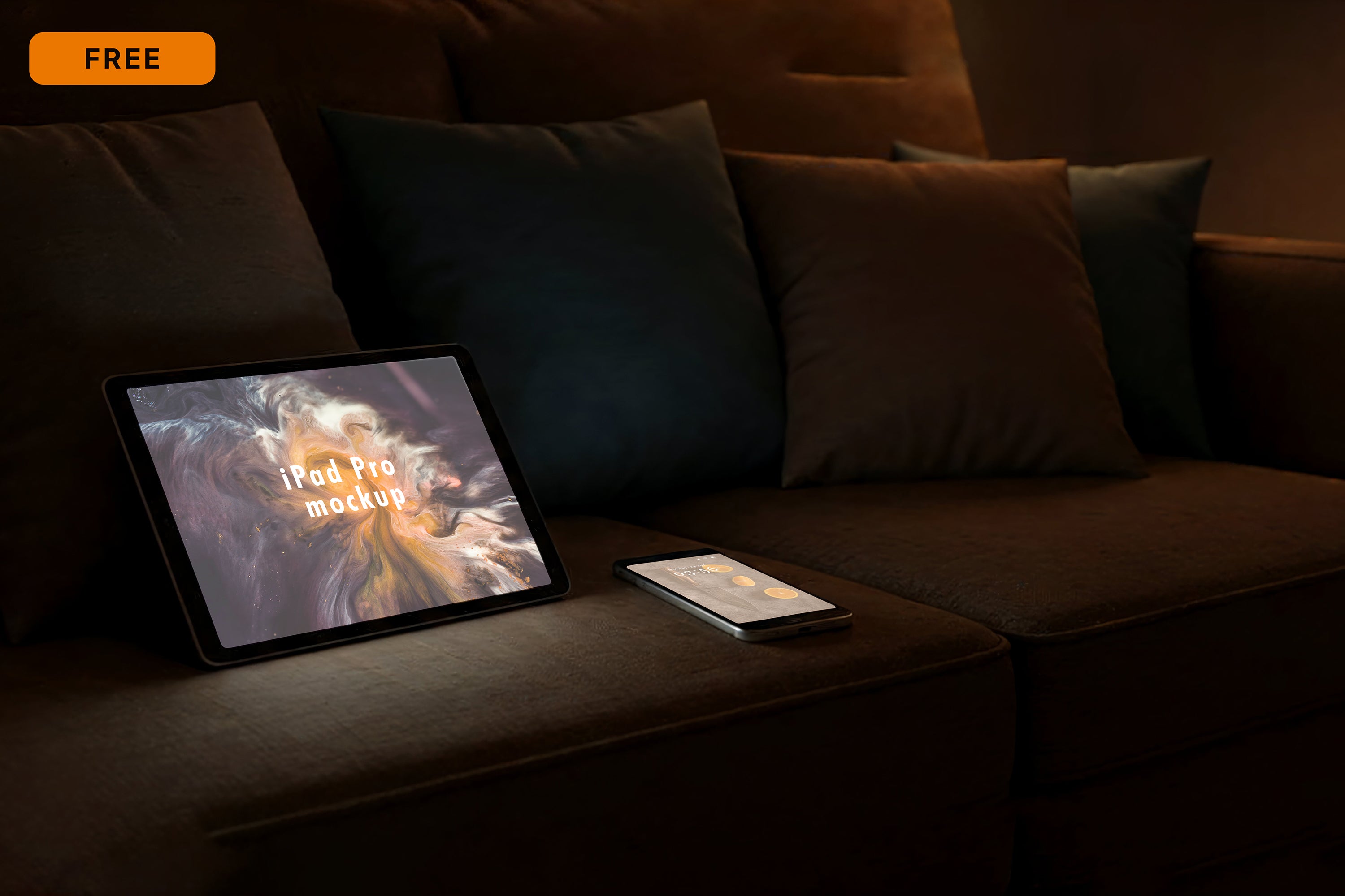 Free Tablet and Phone on Sofa Mockup