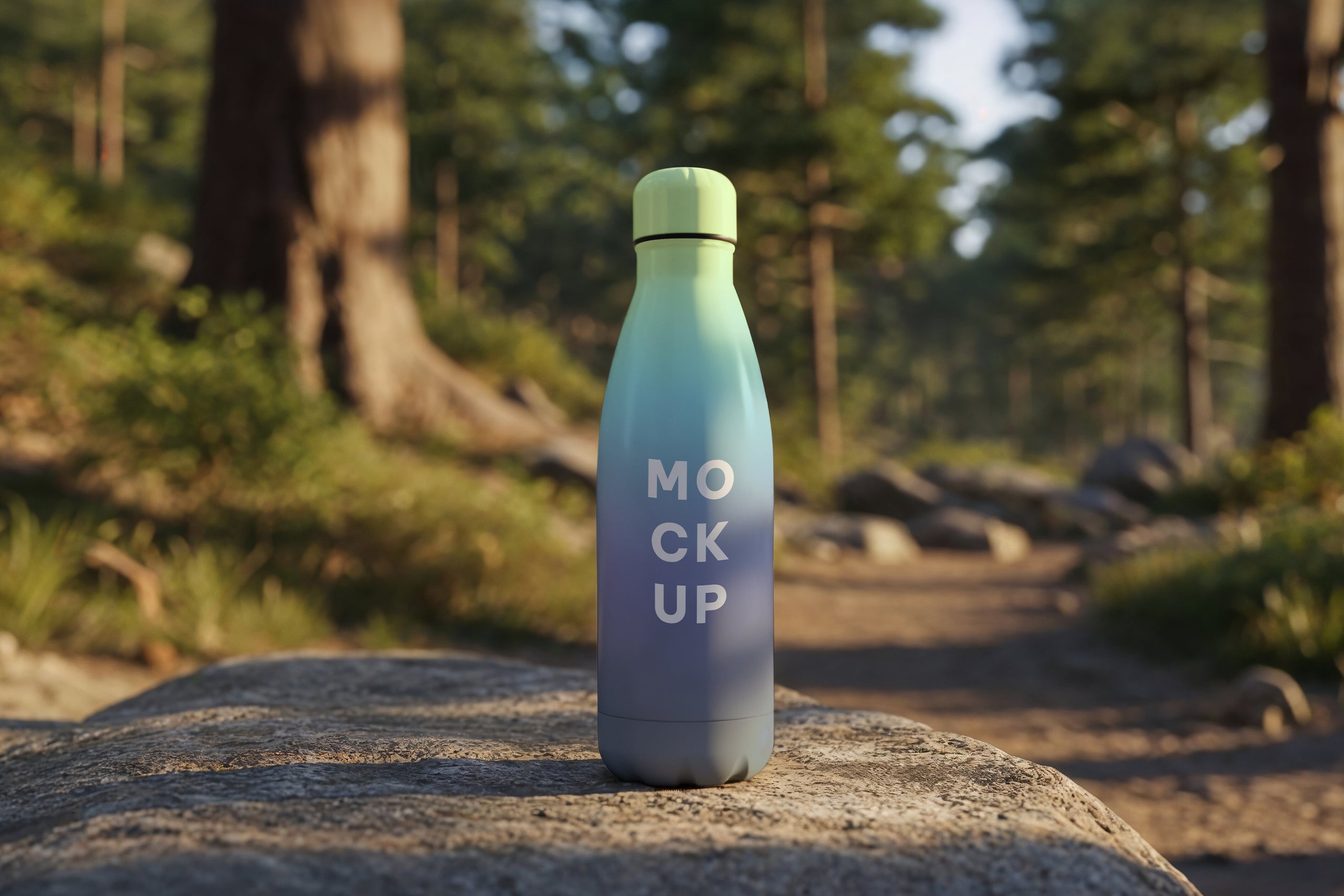 Free water bottle mockup on rock in forest trail