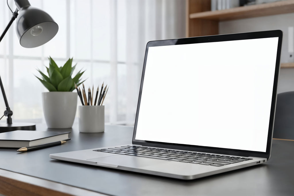 Free Laptop on Modern Office Desk Mockup