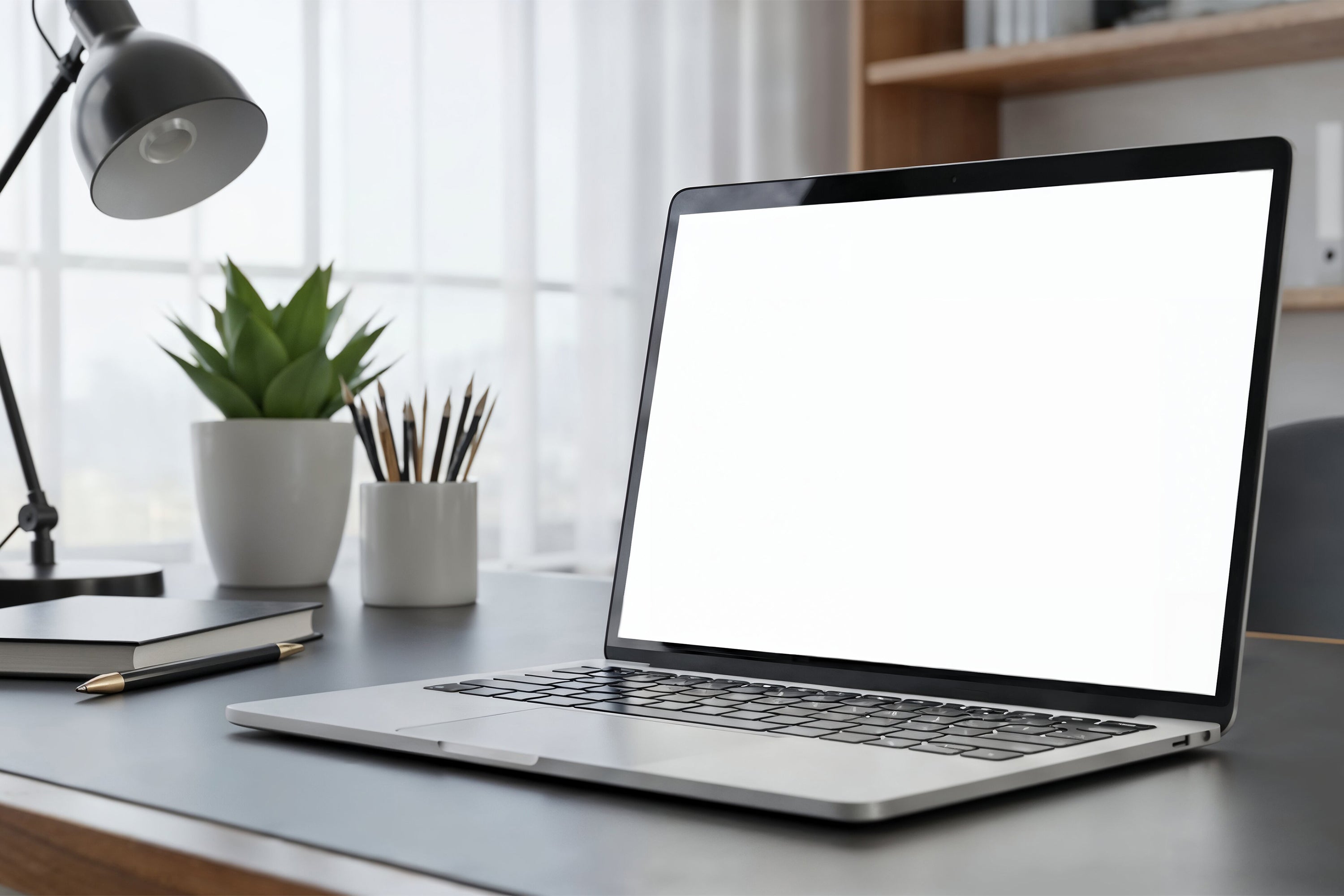 Free Laptop on Modern Office Desk Mockup