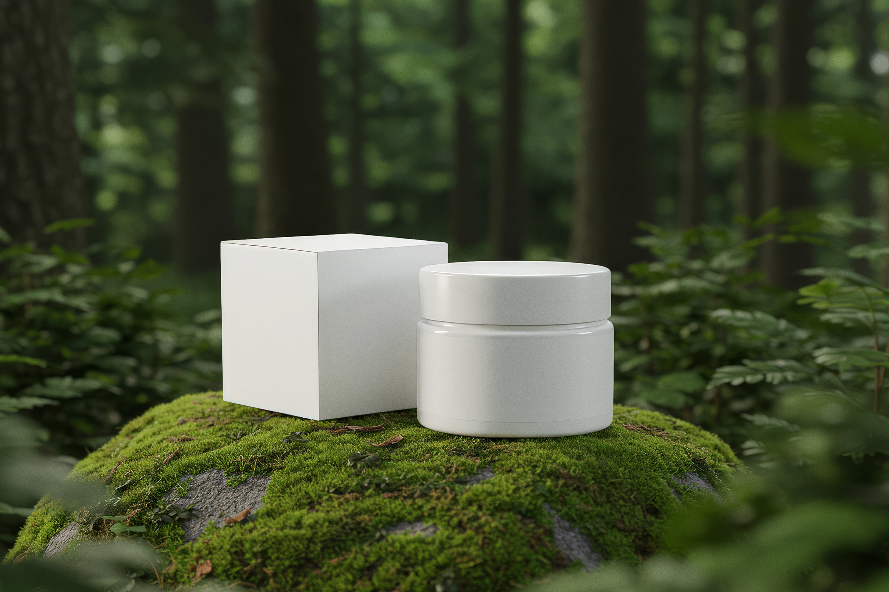 Free Cosmetic Jar with Box in Forest Mockup