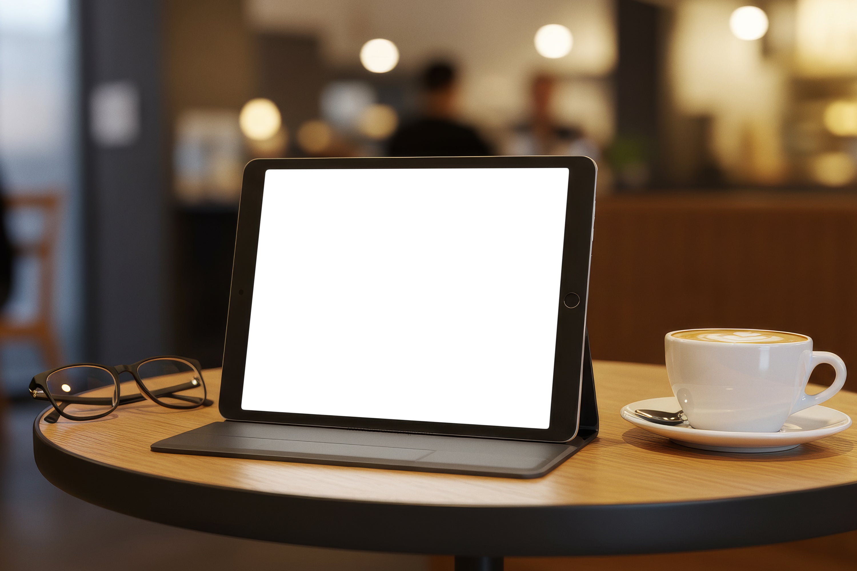 Free Tablet On Cafe Table Mockup