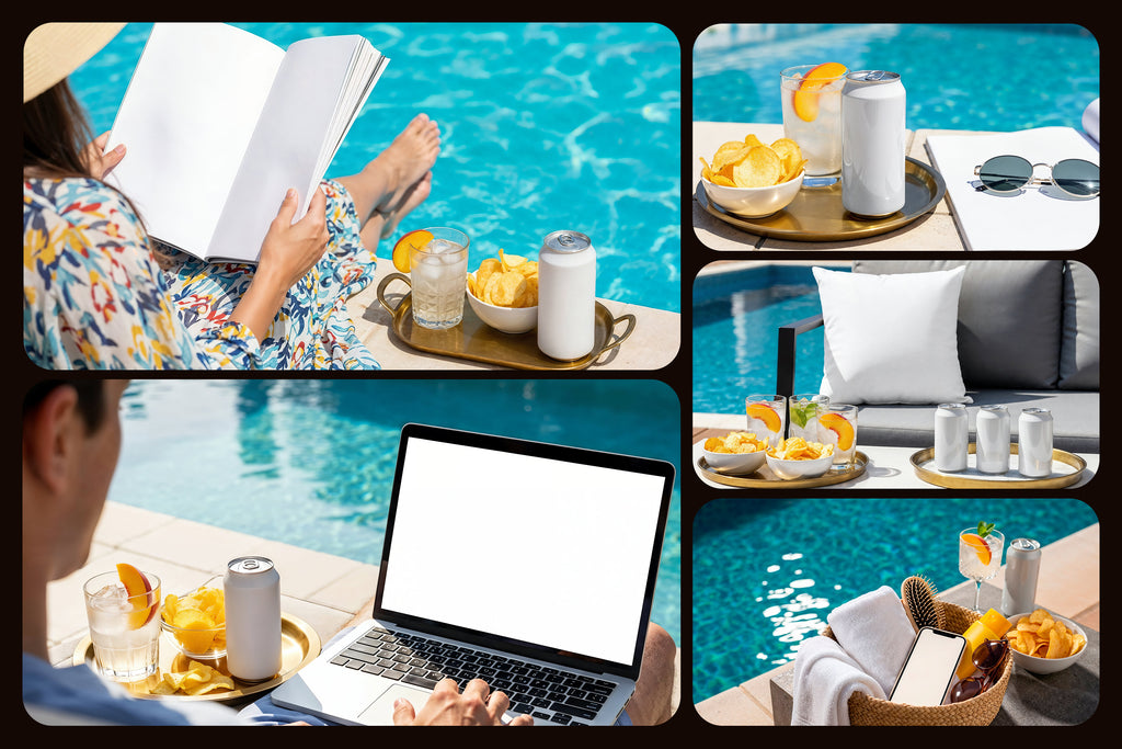 Premium Energy Drink Can Poolside Mockups Collection