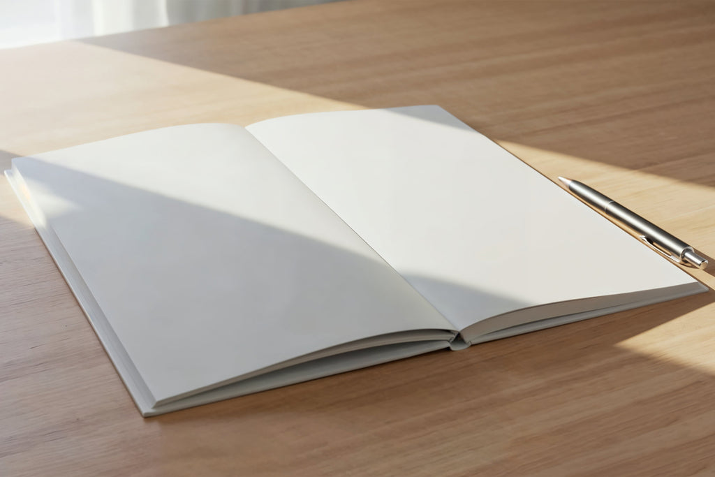 Free Notebook and Pen on Desk Mockup