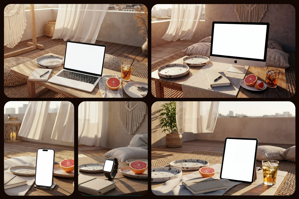 Premium Devices in Cozy Indoor Balcony Lounge Mockups