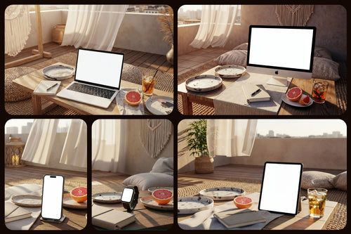 Premium Devices in Cozy Indoor Balcony Lounge Mockups