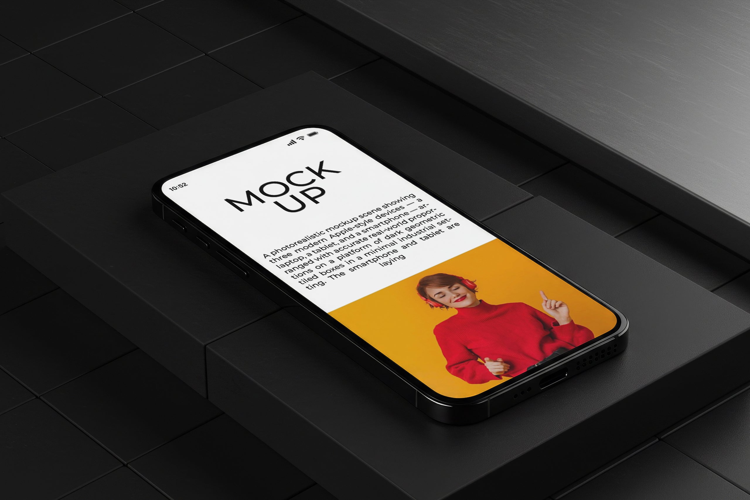 Free iPhone on dark box mockup with neon screen