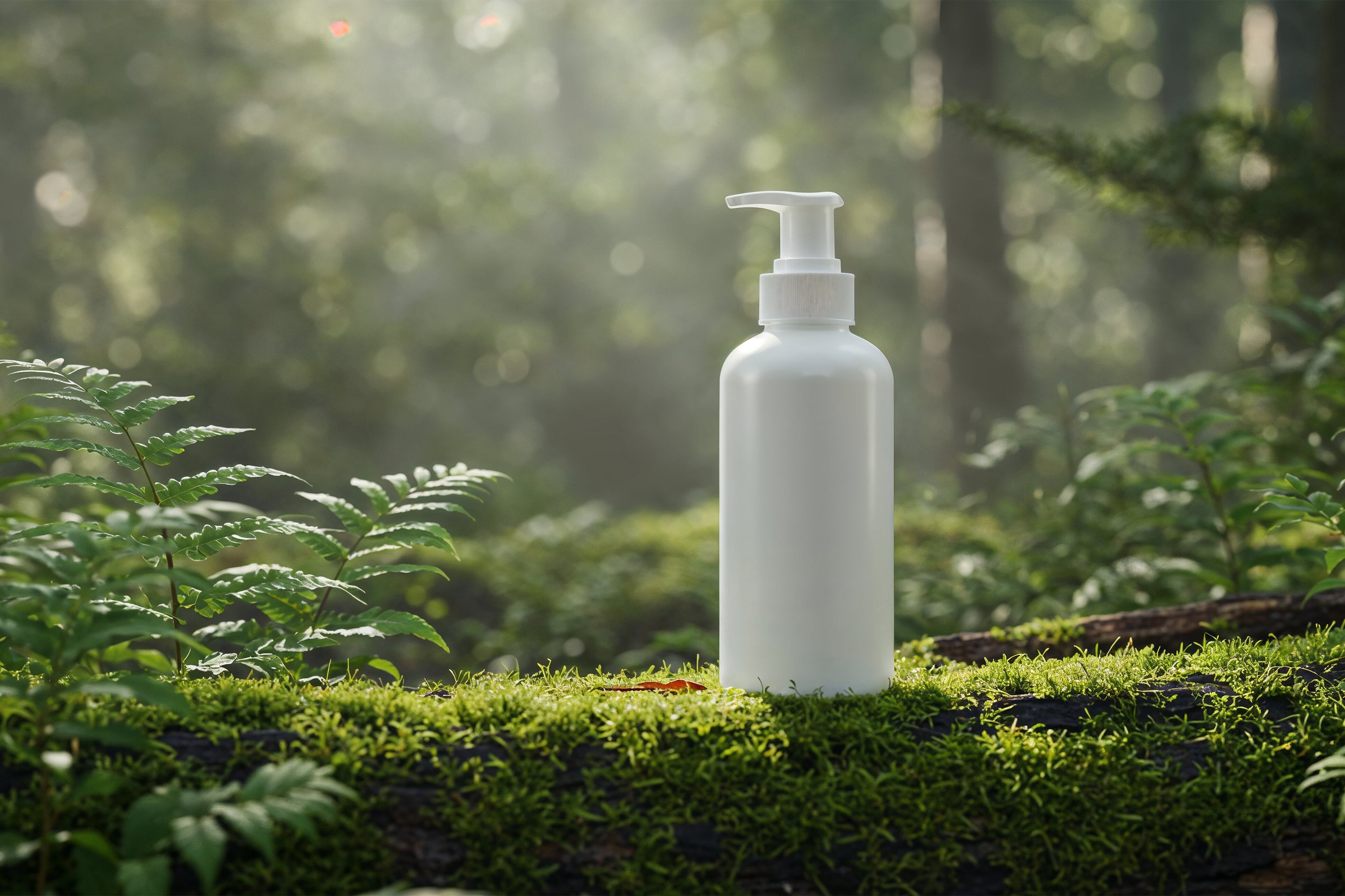 Free Bottle on Mossy Log Mockup